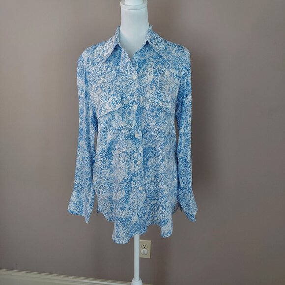 Zara Paisley Blue Button Down Long Sleeve Blouse Size Small - Picture 8 of 8